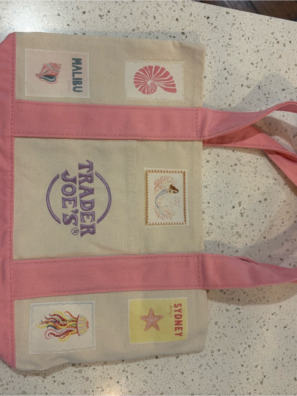Trader Joe's Pink and Cream Canvas Tote with Coastal Patch Design
